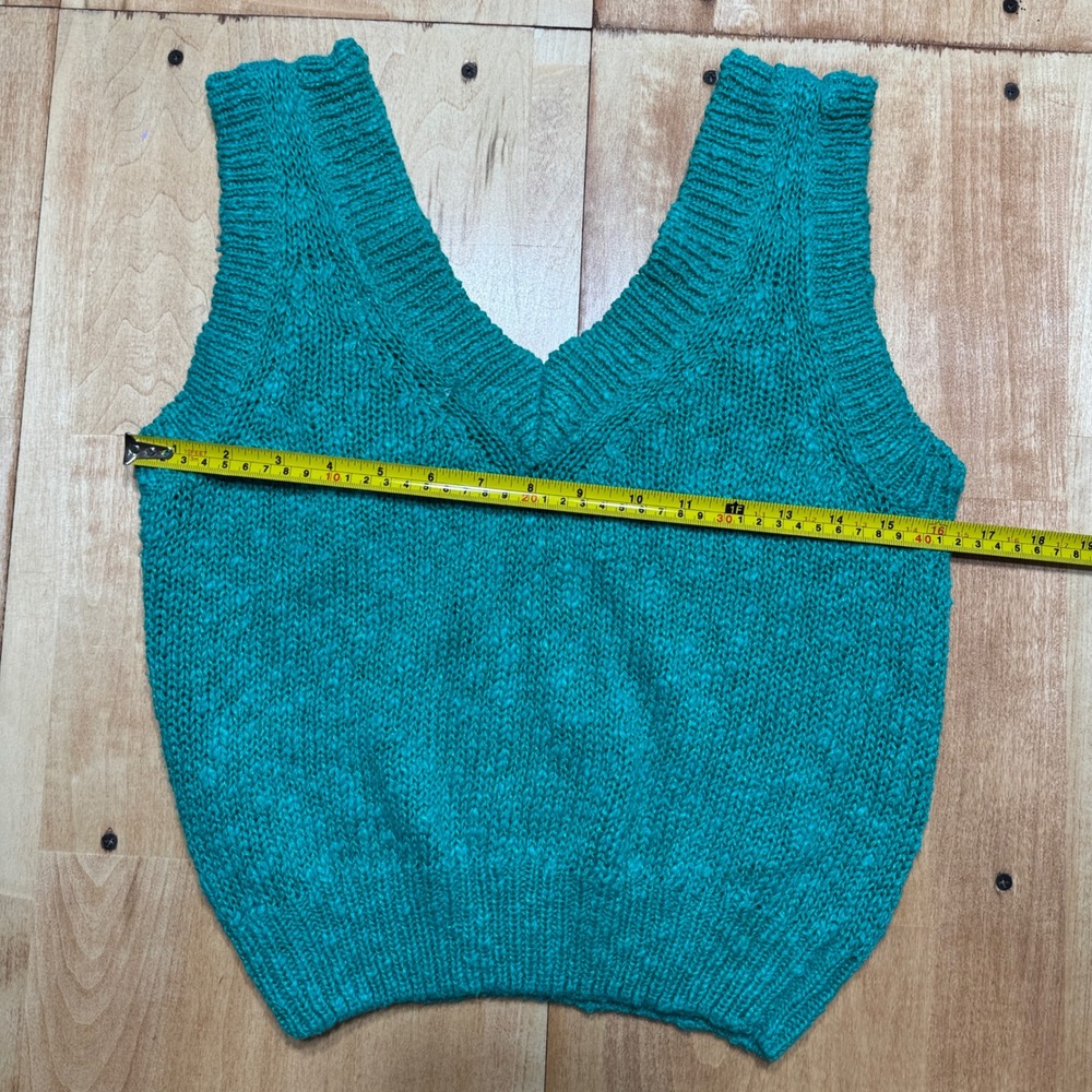 Illustrations Vintage Teal Chunky Knit V-Neck Sweater‎ Vest Ramie Cotton Small